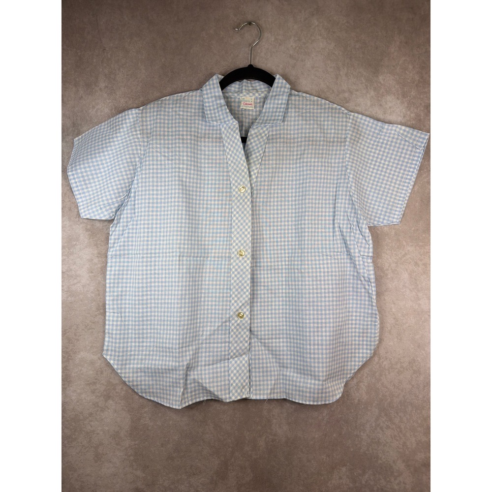 NWOT VTG 70s Penney's Adonna Button Up Sleep Shirt Women 38 Blue Gingham (Large)